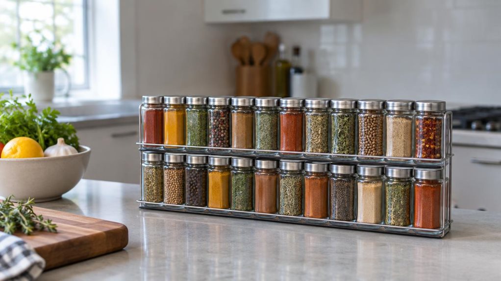 A photograph of a single 24-jar glass spice shaker set arranged neatly on a kitchen counter, composed in a horizontal 16:9 landscape frame. Clear glass jars with simple silver-colored lids display colorful spices—deep red paprika, golden turmeric, green herbs, peppercorns, and warm brown blends—while understated, unmarked labels keep the containers free of branding. The set sits naturally beside a wooden cutting board and a small bowl of fresh ingredients, with clean, modern 