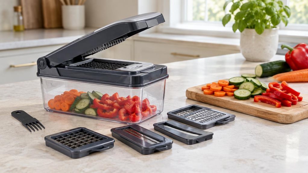 A photograph of a single 5-in-1 vegetable cutter resting on a light stone countertop in a bright, modern home kitchen, composed horizontally in a 16:9 landscape frame. The cutter is the clear hero, shown at a natural three-quarter angle with its sturdy container, fitted lid, and interchangeable cutting inserts neatly arranged beside it. A few freshly cut carrot rounds, cucumber slices, and red pepper pieces sit casually on a small wooden board nearby, suggesting everyday use 