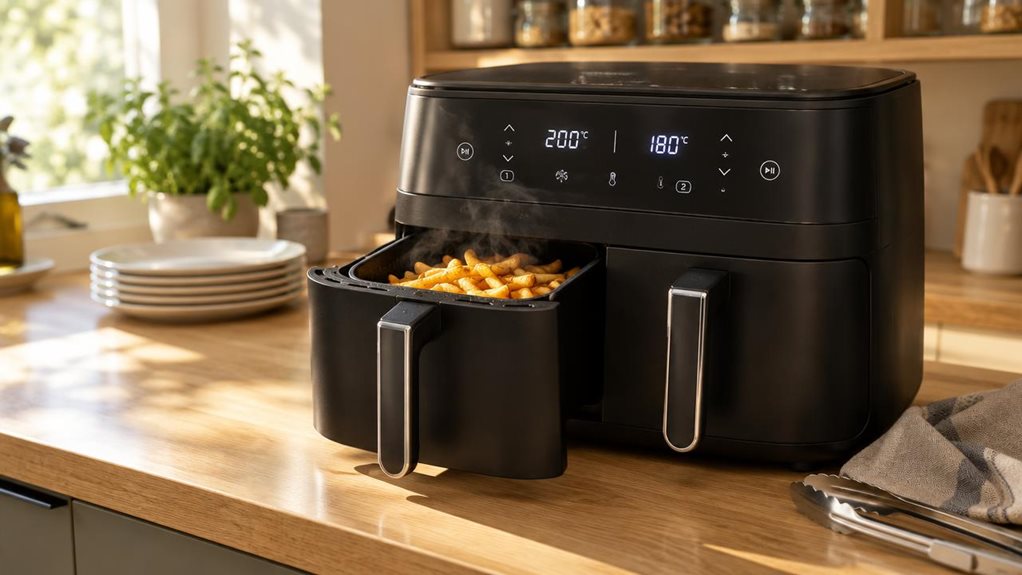 A photograph of a sleek black dual-zone air fryer sitting on a light oak kitchen countertop, positioned slightly off-center to the right within a horizontal 16:9 frame. The appliance's twin-basket design is visible, with one drawer slightly ajar, revealing golden, crispy french fries steaming gently inside. Morning sunlight streams through a nearby window just out of frame, casting warm, soft-edged highlights across the matte plastic surface and creating a gentle reflection o