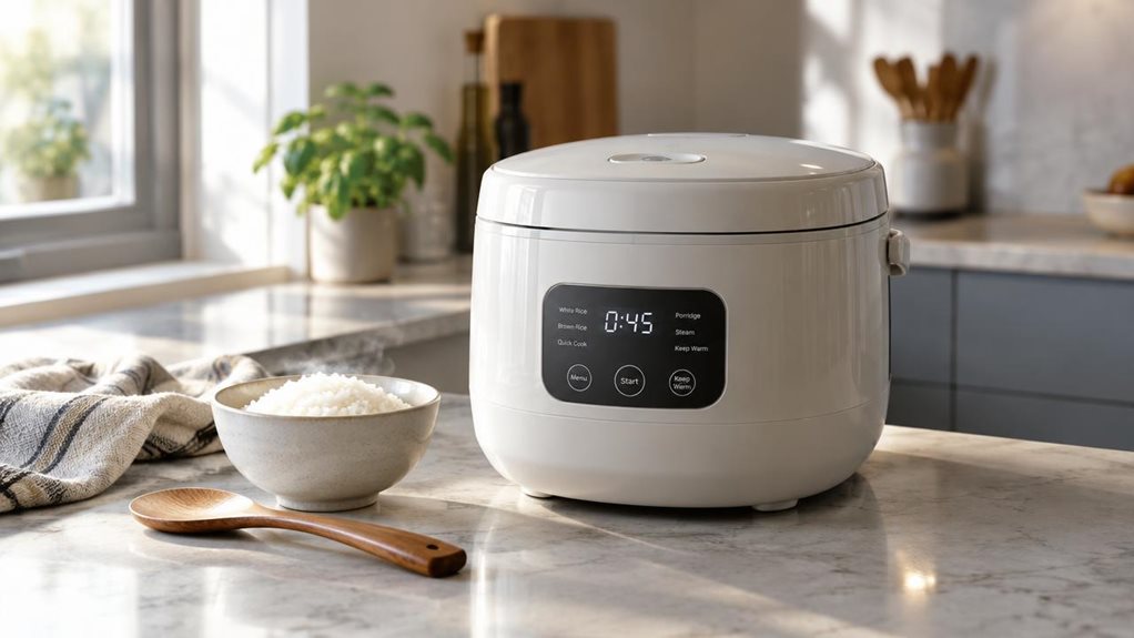 A photograph of a sleek 5L ceramic-coated fuzzy logic rice cooker placed casually on a modern kitchen countertop, shown in a horizontally composed 16:9 landscape scene. The cooker sits naturally beside a linen tea towel, a small bowl of steamed rice, and a wooden serving spoon, suggesting an everyday home cooking setup rather than a staged display. Its clean, rounded body and minimalist control panel are clearly visible, with subtle reflections on the smooth ceramic finish. S