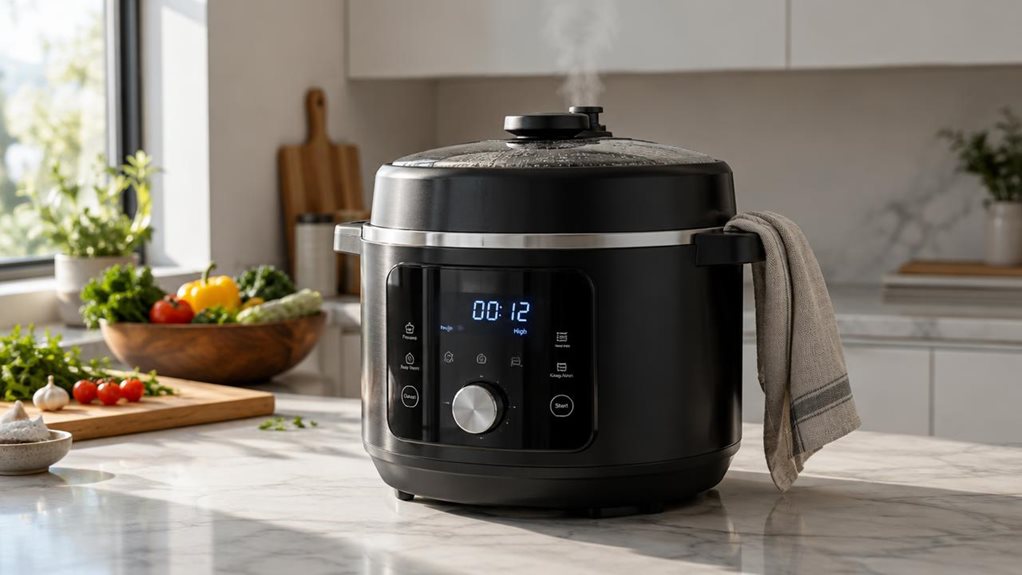 A photograph of a modern kitchen countertop bathed in soft morning light streaming through a nearby window. The Cosori Pressure Cooker, with its sleek ceramic-coated black finish, sits prominently in the center, its stainless steel accents catching subtle highlights. The digital display glows faintly, indicating a recent cooking cycle. Condensation lightly fogs the edges of the lid, hinting at the warmth inside. Surrounding the cooker, a light marble countertop extends into a