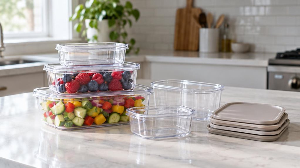 A photograph of a single set of food storage containers arranged casually on a bright, modern kitchen counter, composed horizontally in a 16:9 landscape frame. Clear rectangular containers in several practical sizes are stacked and nested together, with matching neutral-toned lids placed neatly beside them; one container holds fresh berries, while another contains chopped vegetables, suggesting everyday meal prep and pantry storage. The containers are the unmistakable hero, r