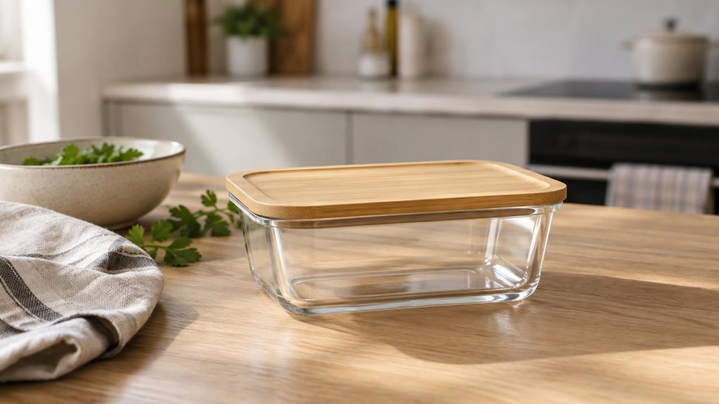 A photograph of a single clear food storage container with a fitted bamboo lid, placed casually on a light oak kitchen counter in a bright, modern home. The scene is horizontally composed in a 16:9 landscape frame, with the container heroed in the foreground beside a linen napkin, a ceramic bowl, and a few fresh green herbs, suggesting everyday meal prep without staged action. Soft natural morning light spills in from an unseen window, creating gentle highlights on the glass