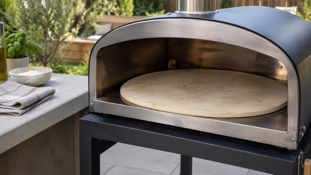 A photograph of a COZZE® 90366 pizza stone in a horizontally composed 16:9 landscape scene, resting inside an open outdoor pizza oven on a clean, modern patio. The pale, lightly textured stone is the clear hero, shown empty and naturally settled on the oven’s cooking surface, with a few subtle signs of use that make it feel authentic. The oven sits on a simple dark stand beside a neutral stone countertop, with a folded linen towel and a small bowl of flour nearby. In the soft
