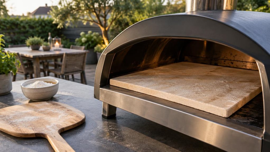 A photograph of a single square pizza stone, 42.5 × 42.5 cm, resting inside an open outdoor pizza oven on a modern patio. The pale, lightly textured stone is the clear hero, with subtle flour dust and a few faint marks from use lending it a realistic, lived-in appearance. The oven sits on a sleek counter beside a casually arranged wooden pizza peel and a small bowl of flour; no people are visible, and nothing is caught mid-action. In the softly blurred background, a leafy gar