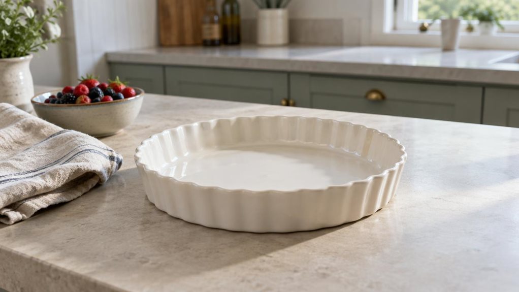 A photograph of a single 28 cm ceramic tart dish resting on a pale stone kitchen island, its gently fluted rim and smooth glazed surface clearly visible. The empty dish sits beside a folded linen tea towel and a small bowl of fresh berries, suggesting a relaxed home-baking setting without feeling staged. Soft daylight falls in from a nearby window, creating subtle highlights on the ceramic and delicate shadows across the countertop. In the softly blurred background, muted cab