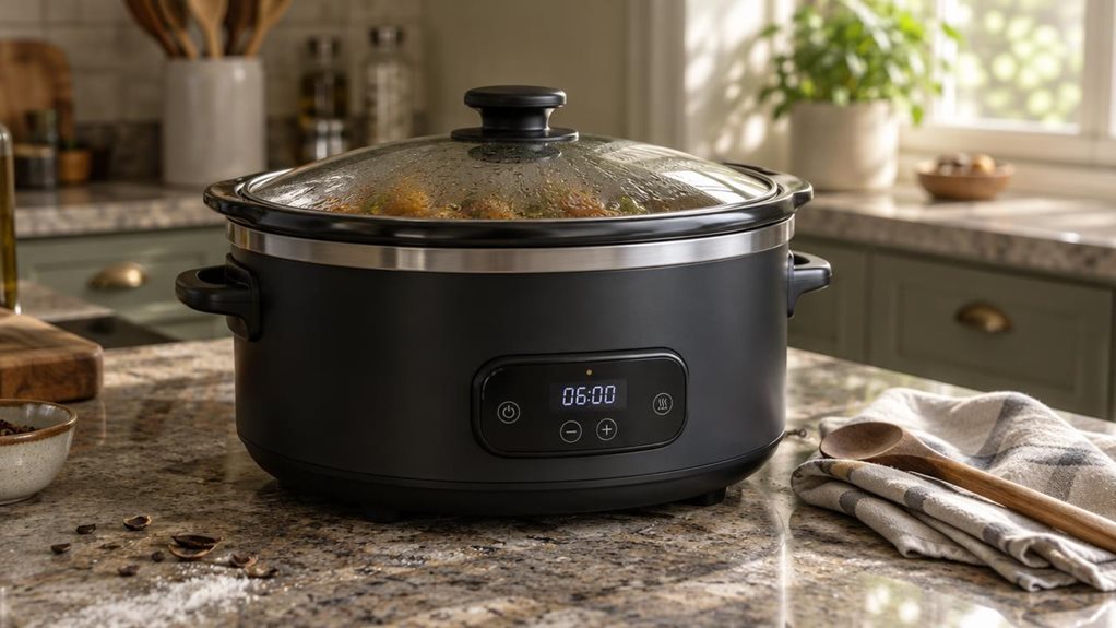 A photograph of a sleek black digital slow cooker resting on a granite kitchen countertop, its brushed stainless steel lid reflecting soft, diffused morning light streaming in from a nearby window. The digital display glows faintly, showing a simple cooking timer, while condensation lightly fogs the inside of the glass lid, hinting at a meal slowly simmering within. Beside the cooker, a folded linen kitchen towel and a wooden spoon rest casually, as if just set down mid-prepa