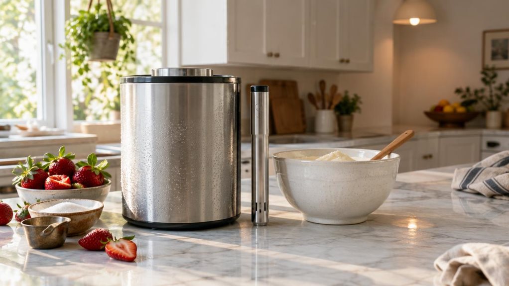 A photograph of a sleek, cylindrical ice cream maker canister resting on a marble kitchen countertop, its brushed stainless steel exterior catching soft morning light streaming in from a nearby window. The FreezeWand sits upright beside a ceramic mixing bowl filled with a creamy vanilla base, a wooden spoon resting against its rim. Scattered nearby are fresh strawberries, a small bowl of sugar, and a vintage measuring cup, suggesting an in-progress homemade dessert session. T