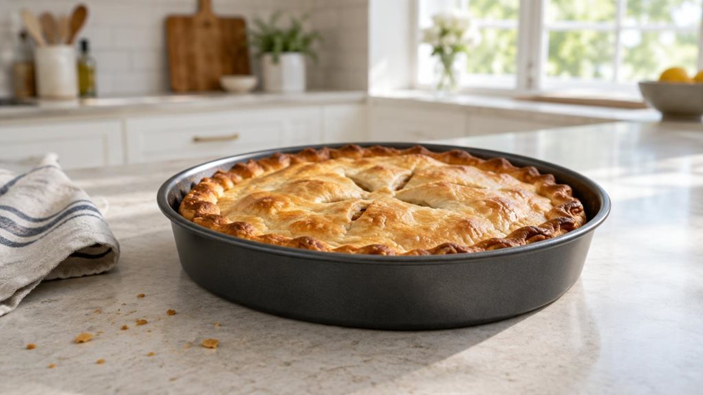 A photograph of a single 32 cm round baking tray resting on a pale stone countertop in a bright, modern home kitchen. The shallow, dark metal pan is the clear hero, shown at a natural three-quarter angle with its gently sloped sides and lightly textured surface visible. A freshly baked golden pie sits inside, its crimped crust and subtle browned edges suggesting it has just been set out to cool; a few crumbs and a folded linen tea towel nearby add a relaxed, lived-in touch. I