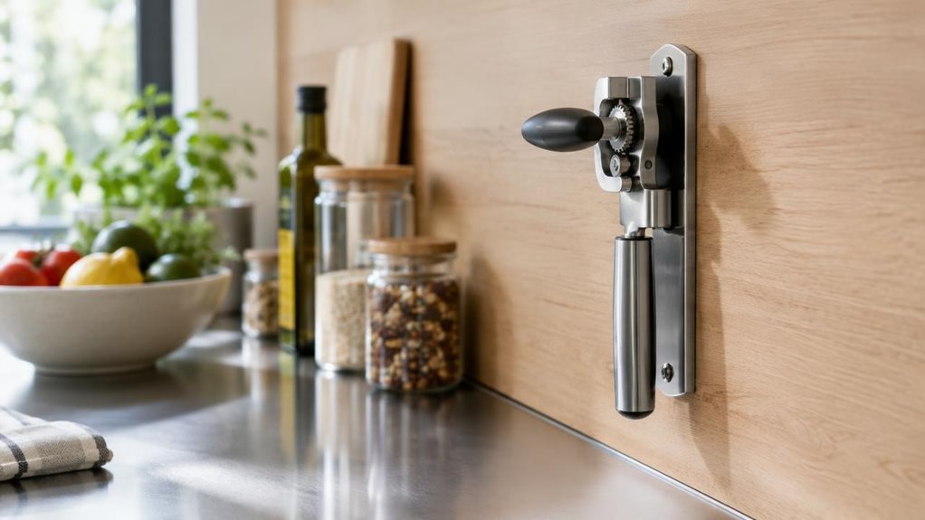 A photograph of a sleek, wall-mounted manual can opener styled as a modern kitchen essential, shown in a bright, contemporary home kitchen in a 16:9 landscape composition. The opener is fixed neatly to a light wood backsplash near a stainless-steel countertop, with a few casually arranged pantry items and a ceramic bowl of produce softly visible in the background. The product is the clear hero of the frame, photographed in-situ as if noticed during a calm everyday moment, not