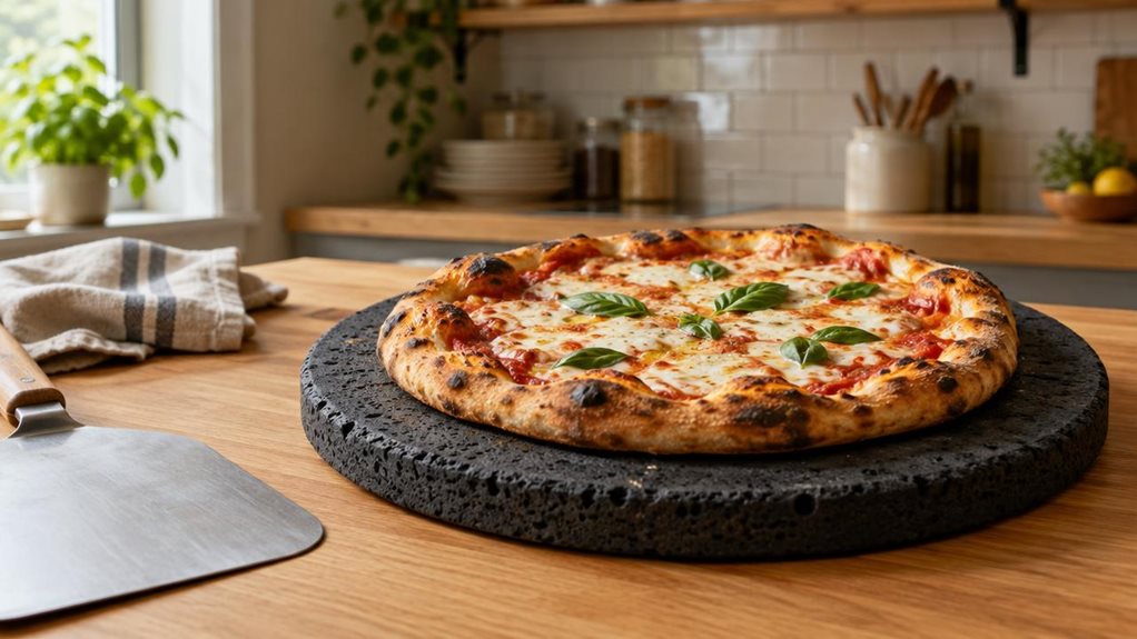 A photograph of a single round Etna lava stone pizza stone resting on a wooden countertop in a warm, modern home kitchen. Its dark, porous surface is clearly visible, with a freshly baked pizza set on top—golden crust, bubbling cheese, and a few basil leaves—making the stone’s natural place in the scene unmistakable. A simple pizza peel and folded linen sit nearby, casually arranged but not in use. The composition is horizontal, 16:9, with the stone and pizza in crisp focus a