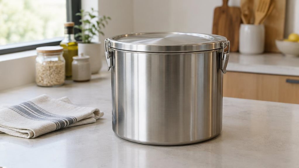 A photograph of a single large stainless steel storage container resting naturally on a clean kitchen counter, shown in a horizontally composed 16:9 landscape scene. Its brushed metal body, sturdy lid, and subtle seams are sharply detailed, with realistic reflections catching the soft daylight from a nearby window. A folded kitchen towel and a few understated pantry items sit nearby, suggesting everyday use without distracting from the container. The modern kitchen background