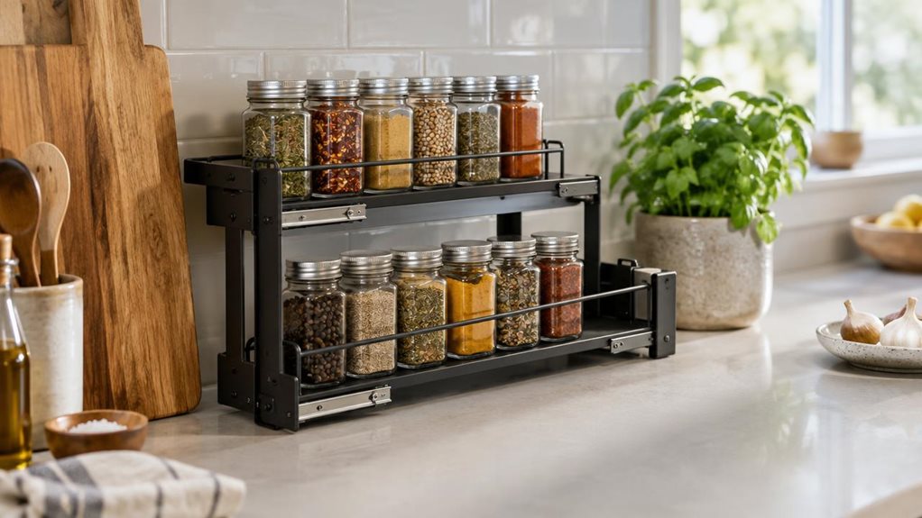 A photograph of a single extendable two-tier spice rack resting on a clean kitchen countertop beside a tiled backsplash, composed as a horizontal 16:9 landscape scene. Its slim metal frame is extended to fit neatly between a wooden cutting board and a small potted herb, with glass spice jars arranged in tidy rows on both levels. The rack is the clear hero, shown at a natural three-quarter angle that reveals its sliding construction, sturdy rails, and compact footprint. A few 