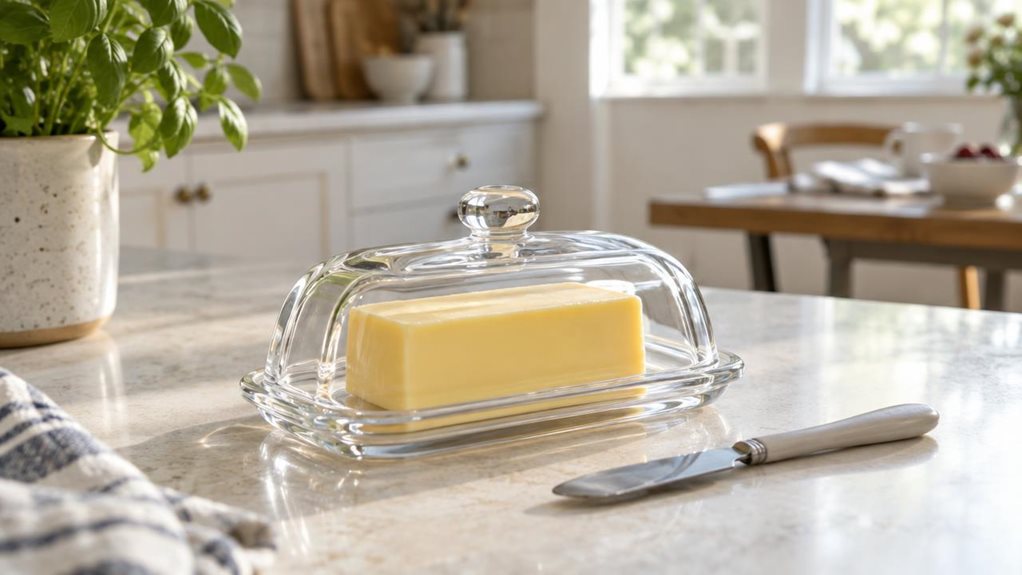 A photograph of a single clear glass butter dish with a gently domed lid, resting naturally on a pale stone kitchen counter in a horizontally composed 16:9 landscape scene. A neat block of golden butter sits inside, with a small butter knife placed casually beside it. The dish is the clear focal point, its smooth glass catching soft highlights from natural morning light streaming through a nearby window. In the softly blurred background, understated white cabinetry, a leafy h