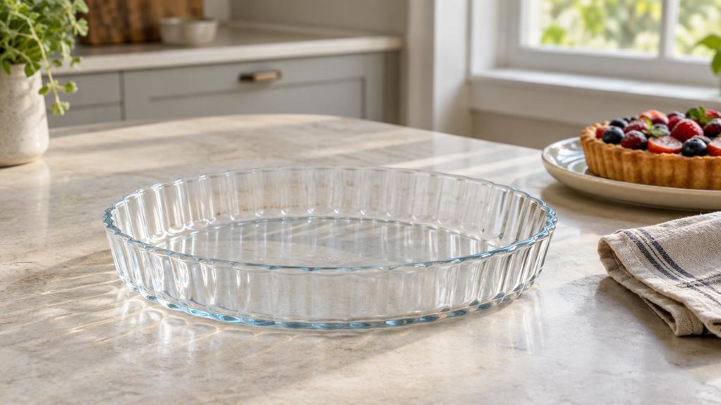 A photograph of a single 28 cm clear glass tart mould resting on a pale stone kitchen counter, composed horizontally in a 16:9 landscape frame. The shallow, round dish has gently fluted sides and a subtle rim, with realistic reflections and faint highlights revealing the thickness of the glass. It sits naturally beside a folded linen tea towel and a small plate of freshly baked fruit tart, suggesting an everyday home kitchen without appearing staged or mid-action. In the soft