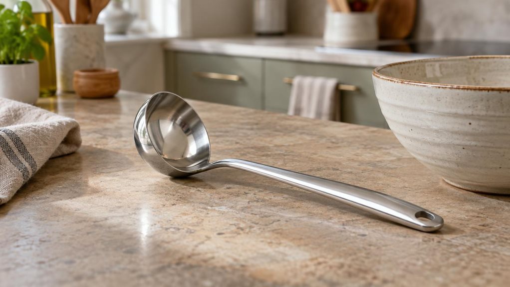 A photograph of a single stainless steel ladle resting quietly beside a ceramic mixing bowl on a warm stone kitchen counter, captured in a horizontally composed 16:9 landscape frame. The ladle is the clear hero of the scene, centered slightly off to one side in a natural, lived-in setting that feels like a thoughtful product review rather than a staged advertisement. Soft daylight filters in from an unseen window, creating gentle highlights along the polished handle and bowl