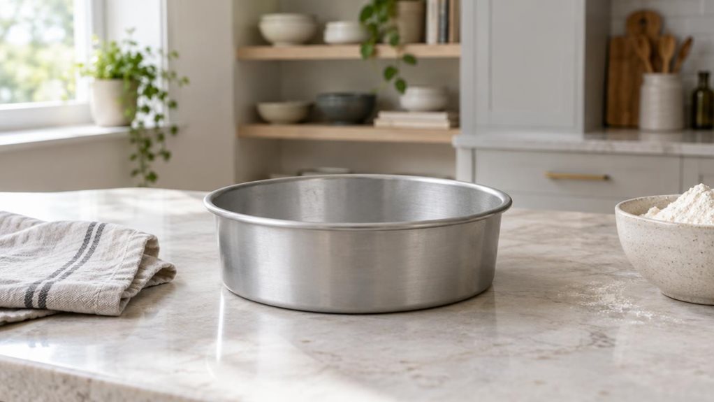 A photograph of a single round cake pan resting on a pale stone kitchen counter, framed in a horizontal 16:9 landscape composition. The pan has a realistic, sturdy metal finish, gently flared sides, and a clean, unadorned rim, with subtle reflections from the window light. Nearby, a folded linen tea towel and a small bowl of flour suggest a home baking setting without distracting from the product. The scene feels candid and observational, as though captured during a quiet mom