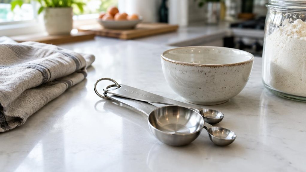 A photograph of a single set of stainless-steel measuring spoons resting casually beside a small ceramic bowl on a bright, modern kitchen counter. The spoons are the clear hero, their polished surfaces catching soft window light and showing realistic reflections, fine brushed-metal texture, and subtle signs of everyday use. A folded linen towel and a glass jar of flour sit nearby, creating a natural baking-prep setting without making the scene feel staged. The horizontally co