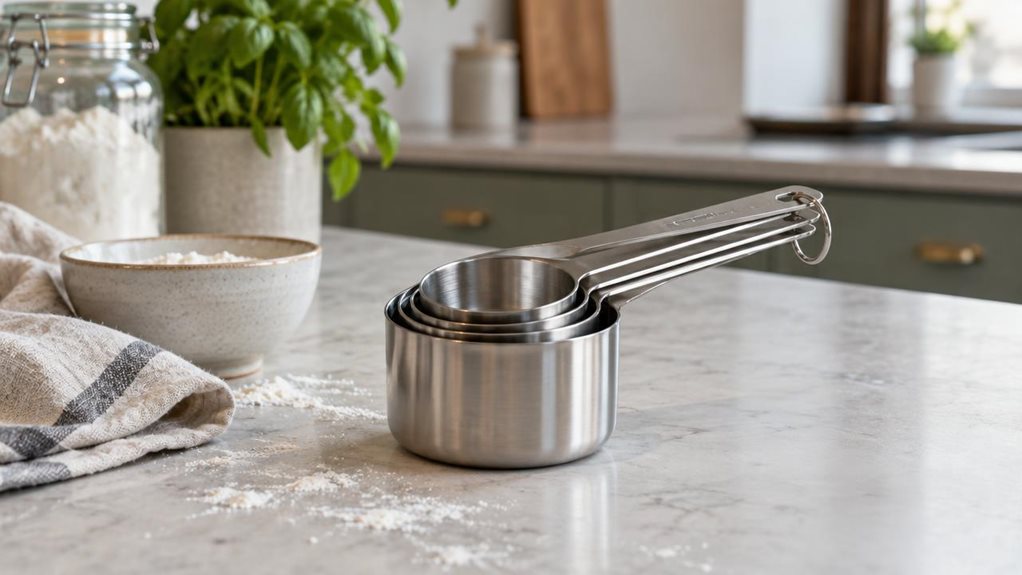 A photograph of a single set of stainless-steel measuring cups resting on a pale stone countertop in a calm, modern home kitchen. Composed horizontally in a 16:9 landscape frame, the cups are the clear hero, nested together beside a small ceramic bowl and a folded linen tea towel. Their brushed metal surfaces catch soft window light, revealing realistic reflections and fine details without looking staged. A few traces of flour on the counter suggest everyday baking, while the
