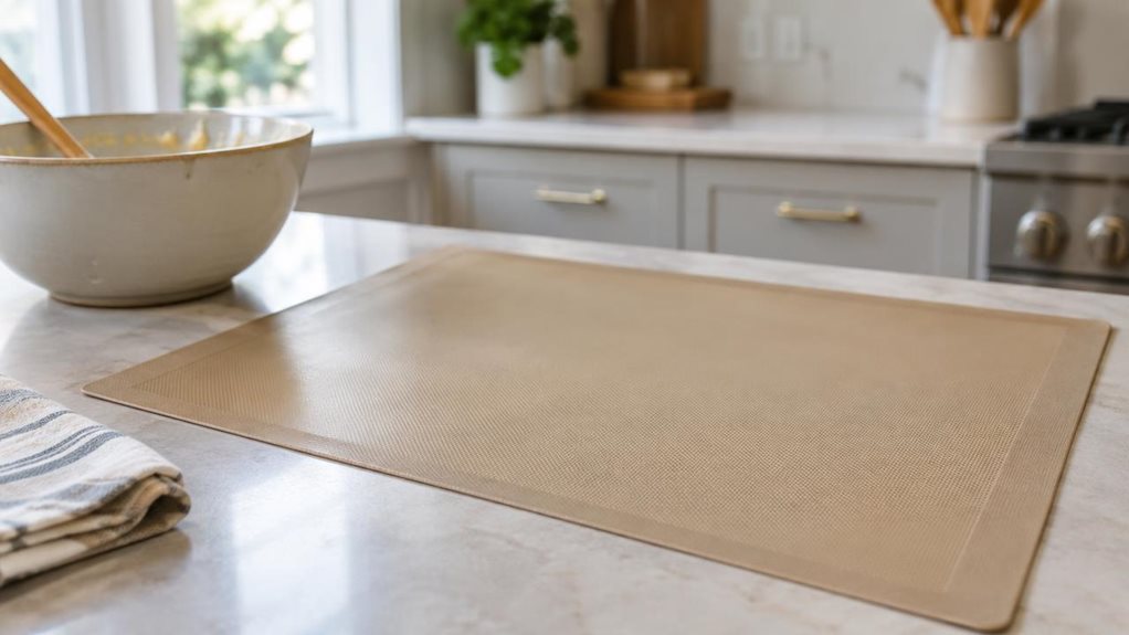 A photograph of a single reusable silicone baking mat resting flat on a clean, pale stone countertop in a bright, modern home kitchen. The mat is rectangular, warm beige, with a subtle nonstick texture and neatly finished edges; its generous surface and practical proportions make it the clear hero of the scene. Nearby, a mixing bowl and a folded linen tea towel sit casually within view, suggesting everyday baking without distracting from the product. The composition is horizo
