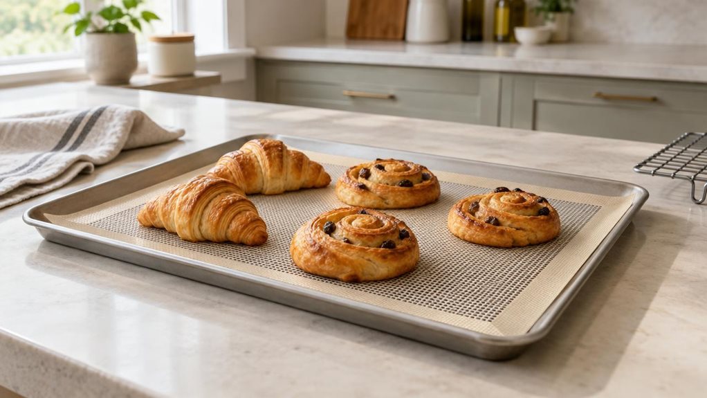 A photograph of a single breathable baking mat resting on a metal baking sheet on a pale stone countertop in a calm, modern home kitchen. The rectangular mat’s fine open mesh and lightly textured edges are clearly visible, with a few freshly baked golden pastries cooling on top. A folded linen tea towel and a small cooling rack sit nearby, adding natural, everyday context without distracting from the product. The horizontally composed 16:9 landscape scene feels candid and obs
