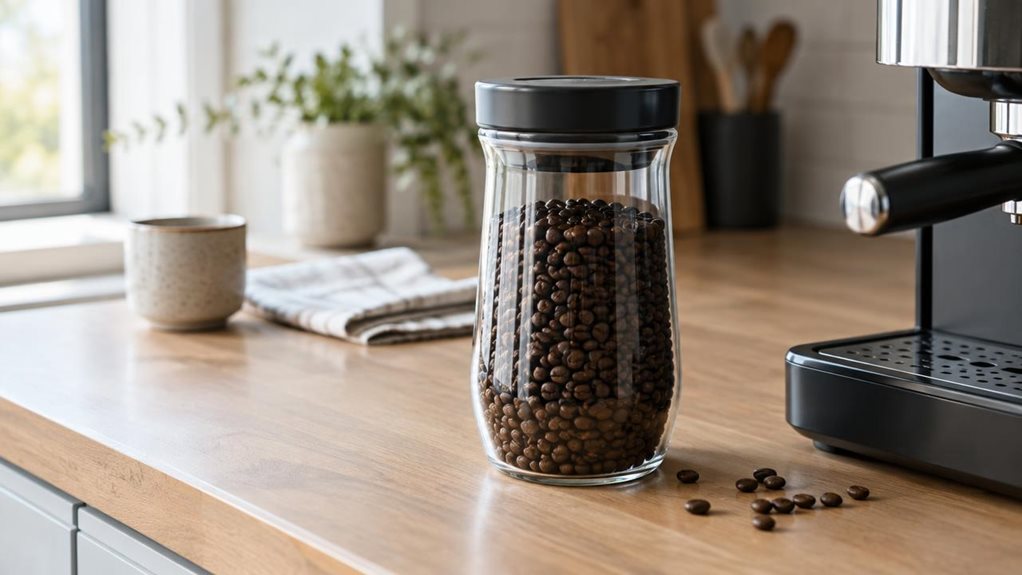 A photograph of a single sleek vacuum coffee container resting on a light oak kitchen counter beside a coffee machine, with a few coffee beans scattered nearby. The container is the clear hero, its gently curved body and snug lid rendered in realistic detail, with subtle reflections from the window light. A folded linen towel and a small ceramic cup sit farther back, suggesting a calm morning coffee routine without drawing attention from the product. The horizontally composed
