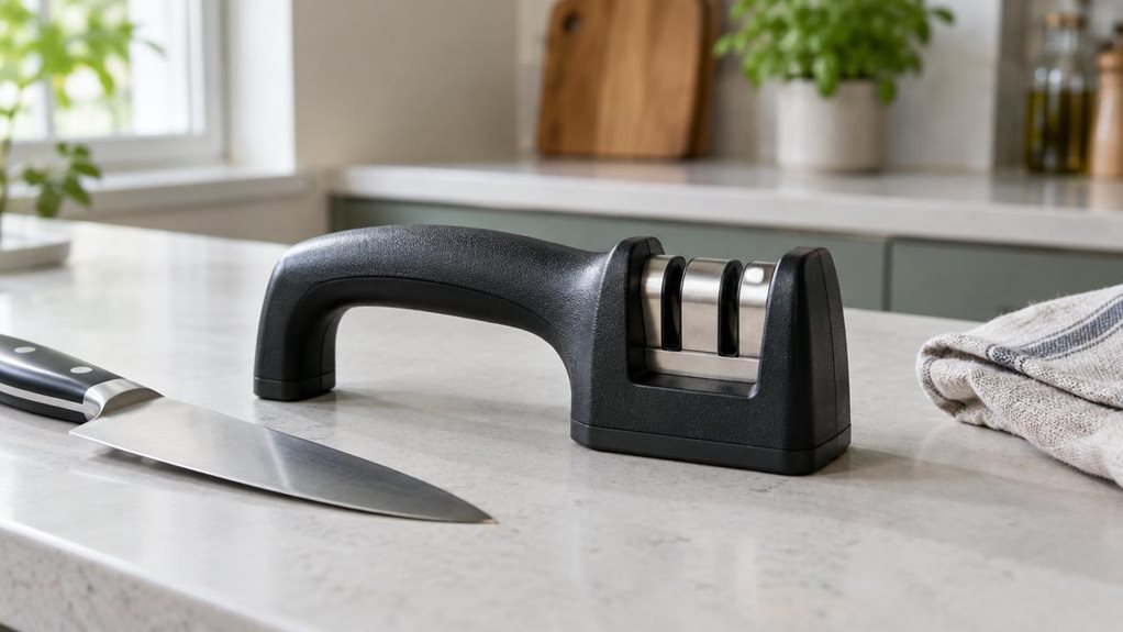 A photograph of a single professional knife sharpener resting on a pale stone countertop in a calm, modern kitchen, composed horizontally in a 16:9 landscape frame. The compact sharpener is the clear hero, its dark, textured handle and metal sharpening rods rendered with realistic detail, positioned naturally beside a chef’s knife and a folded linen towel. Soft daylight falls across the work surface from a nearby window, creating gentle highlights and understated shadows. A s