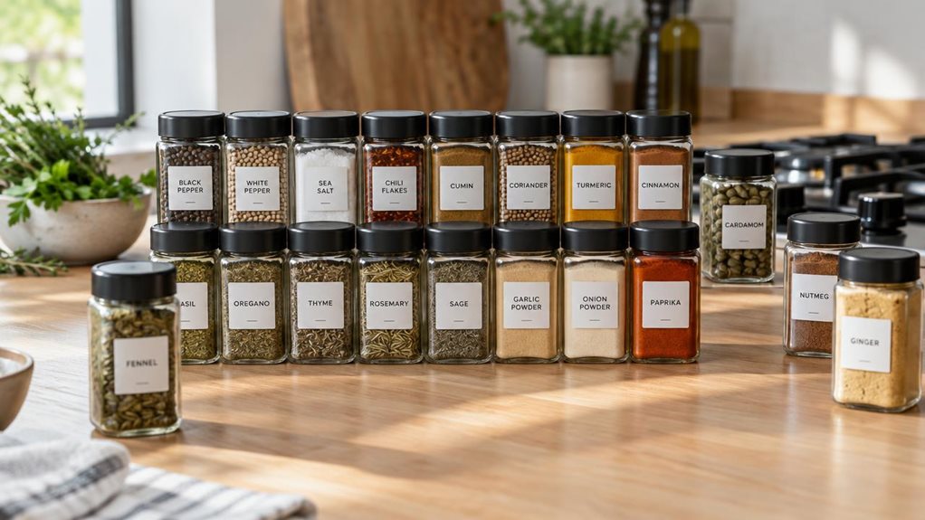 A photograph of a Deco Haus-style set of 24 spice jars arranged neatly on a light oak kitchen counter, the clear glass containers filled with colorful spices and topped with matching matte black lids. Simple white labels face forward, while a few jars sit slightly out of line, giving the arrangement a natural, lived-in feel. The set is the clear hero, with a wooden cutting board, a small bowl of fresh herbs, and a glimpse of a modern stovetop nearby. Soft daylight from a side
