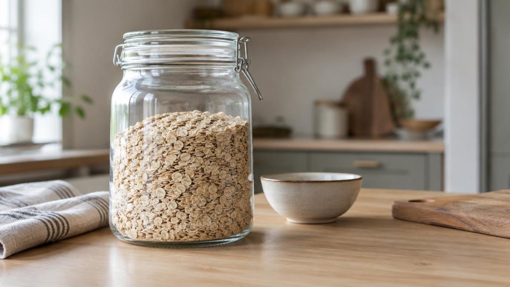 A photograph of a single large clear glass storage jar, shot in a horizontally composed 16:9 landscape scene, resting naturally on a light oak kitchen countertop in a modern, softly styled home. The jar is filled with dry pantry staples, its wide cylindrical shape and airtight lid clearly visible, with subtle reflections on the glass and the contents catching gentle daylight from a nearby window. It is heroed as an everyday lifestyle object, surrounded by understated, contemp