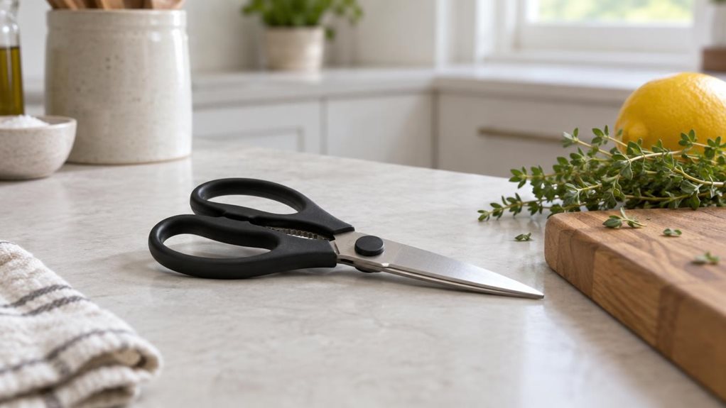 A photograph of a single pair of black-handled kitchen scissors resting naturally on a pale stone countertop in a bright, modern kitchen. The scissors are the clear hero, placed slightly off-center with their stainless-steel blades closed and angled toward the edge of a wooden cutting board. A few understated ingredients—a sprig of fresh herbs and a lemon—sit nearby, suggesting everyday kitchen use without making the scene feel staged. The horizontal 16:9 landscape compositio