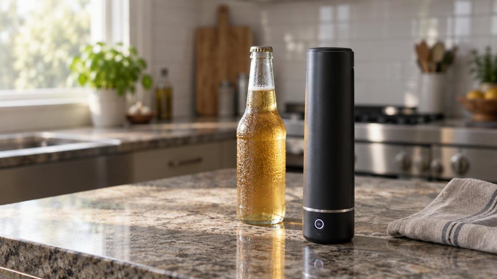 A photograph of a sleek black electric bottle opener resting on a granite kitchen countertop, positioned slightly off-center to the right within a wide 16:9 landscape frame. The cylindrical device features a matte finish with a subtle silver accent ring near its base, where a single button glows faintly. Beside it sits an unopened glass bottle, condensation beading on its surface, suggesting it was just pulled from the fridge. Soft morning light streams in from a window on th
