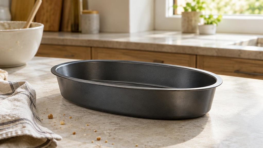 A photograph of a single oval bread-baking tin resting on a pale stone kitchen counter, composed as a horizontal 16:9 landscape scene. The dark, nonstick metal tin is the clear hero, with gently rounded sides, a subtle rolled rim, and a clean, realistic finish. Nearby, a linen tea towel and a few loose crumbs suggest an everyday home-baking setting without making the scene feel staged. In the softly blurred background, warm wooden cabinetry, a mixing bowl, and a sunlit window