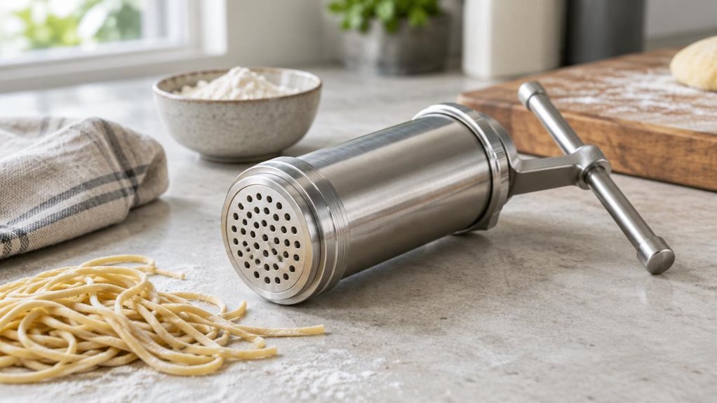 A photograph of a stainless-steel German-style noodle maker resting on a pale stone kitchen counter, composed as a horizontal 16:9 landscape scene. Its sturdy cylindrical body and row of clean, evenly spaced 7 mm holes are clearly visible, with a few strands of fresh dough nearby to suggest its purpose without showing anyone using it. A folded linen towel, a wooden board, and a small bowl of flour lend the modern kitchen a relaxed, lived-in feel. The product is the clear hero
