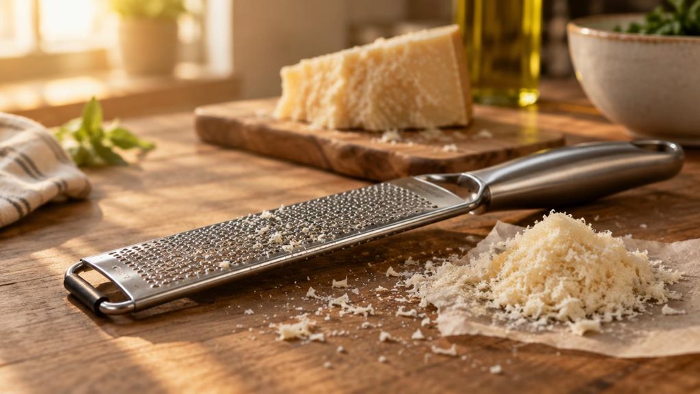A photograph of a stainless steel parmesan grater resting on a rustic wooden kitchen countertop, positioned diagonally across the lower third of the frame in a horizontal 16:9 composition. The grater's fine mesh surface catches soft, natural light streaming in from a nearby window, creating subtle highlights along its curved metal edges and ergonomic handle. A small mound of freshly grated parmesan cheese sits beside it on a piece of parchment paper, with a few loose shavings