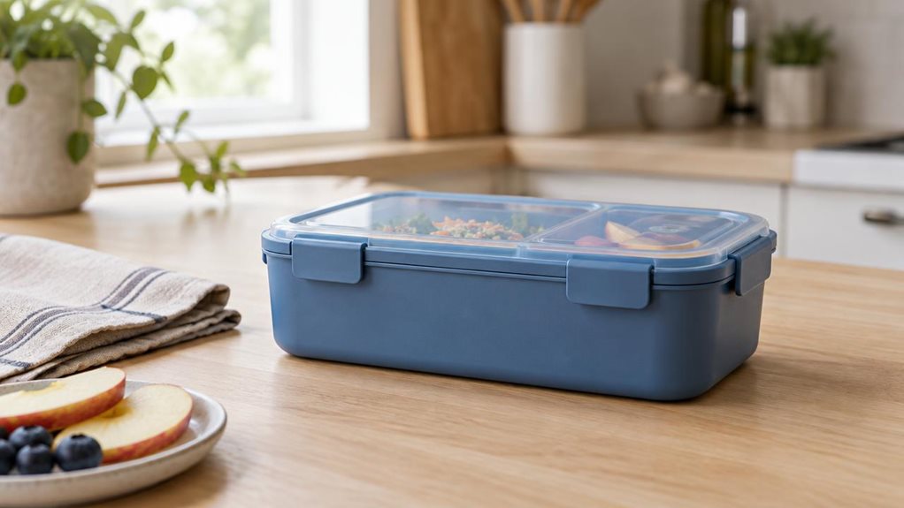 A photograph of a single blue bento lunch box, shown in a horizontally composed 16:9 landscape scene on a light wooden kitchen counter. The 1400 ml box is the clear hero, its clean rectangular shape, secure lid, and subtle compartments visible in a casually arranged, everyday setting. Nearby, a folded linen napkin and a few fresh fruit slices suggest a packed lunch, without distracting from the product. The scene feels candid and observational, as if captured during a quiet m