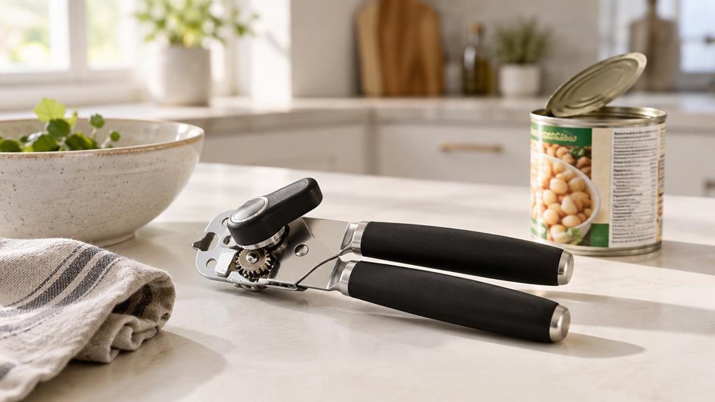 A photograph of a sleek stainless-steel manual can opener resting naturally on a warm, matte-white kitchen countertop in a horizontally composed 16:9 landscape scene. The product is heroed in a modern, softly styled home kitchen, placed beside a ceramic bowl, a folded linen towel, and a partially opened pantry can, suggesting everyday use without any action in progress. The can opener’s polished wheel, ergonomic black handles, and subtle 3-in-1 form factor are clearly visible