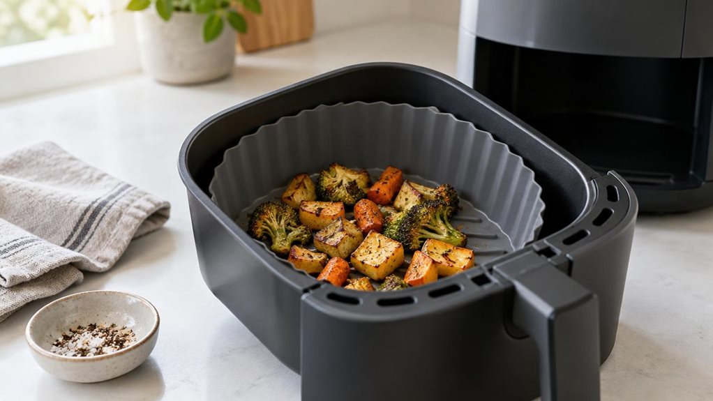 A photograph of a single reusable silicone air fryer liner resting inside an open air fryer basket on a bright, modern kitchen counter. The liner is a realistic, softly fluted bowl shape in muted charcoal gray, with a subtle matte finish and small raised ridges across its base. A few golden roasted vegetables sit inside, suggesting everyday use without making the scene feel staged or mid-action. The air fryer stands nearby, its clean, understated design blending into the kitc