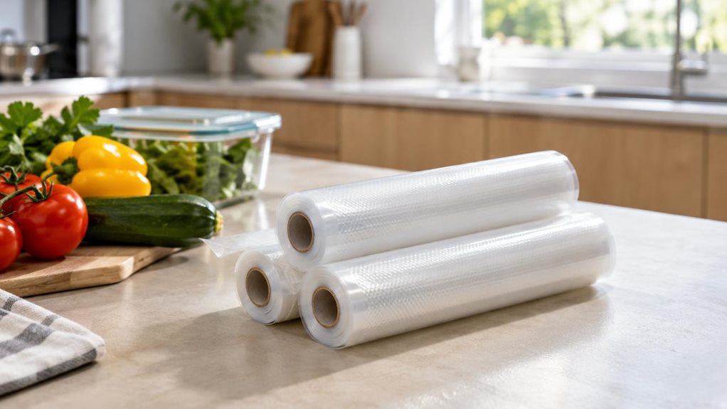 A photograph of a single three-roll set of vacuum food bags arranged neatly on a pale stone kitchen counter, with the clear plastic rolls stacked at a slight angle so their layered edges and subtle embossed texture are visible. A few fresh vegetables and a glass container sit nearby, suggesting everyday food storage without distracting from the product. In the softly blurred background, a bright, modern kitchen with light wood cabinetry and a sunlit window creates a natural, 