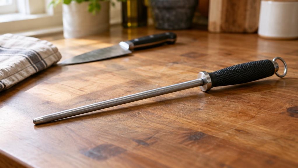A photograph of a single compact pocket sharpening steel resting diagonally on a well-used wooden worktop in a quiet kitchen, its slim metal rod and textured handle clearly visible. A folded linen cloth and a plain chef’s knife sit nearby, softly suggesting its everyday place in a home kitchen without competing for attention. The steel is the hero of the scene, shown naturally at rest rather than in use, with realistic brushed-metal reflections and subtle signs of practical h