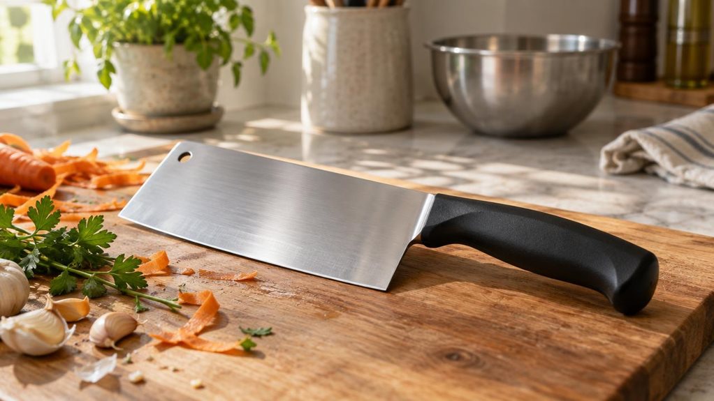 A photograph of a compact kitchen cleaver with a 15 cm blade resting diagonally on a wooden cutting board in a sunlit home kitchen. The blade shows a satin stainless steel finish with subtle reflections, and the black polymer handle sits comfortably in frame, slightly angled toward the viewer. Scattered around the cleaver are fresh vegetable trimmings—carrot peels, a sprig of parsley, and a few garlic cloves—suggesting recent use without any hands or motion in the shot. The c