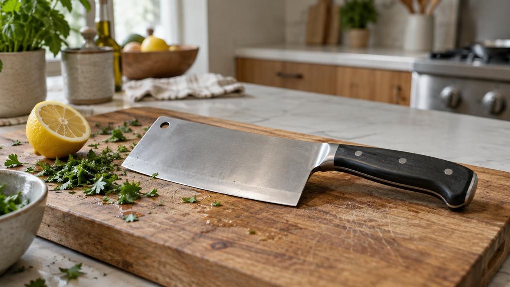 A photograph of a single professional kitchen cleaver resting naturally on a well-used wooden cutting board in a calm, modern home kitchen. The cleaver has a broad, rectangular stainless-steel blade with a subtle satin finish and a sturdy dark handle, shown clearly without any visible branding. A few chopped herbs and a halved lemon sit nearby, adding quiet signs of everyday cooking without making the scene feel staged or mid-action. The horizontally composed 16:9 landscape f