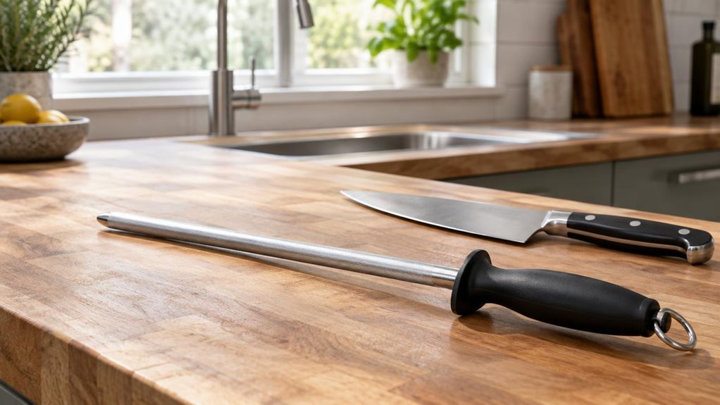 A photograph of a sleek, professional-grade sharpening steel resting diagonally across a wooden butcher block countertop in a modern kitchen. The steel's textured metal rod catches soft, natural light streaming in from a nearby window, highlighting the fine ridges along its surface, while the ergonomic black handle sits closest to the camera, slightly angled for a casual, just-set-down look. Beside it, a chef's knife lies loosely nearby, implying recent use without any hands 