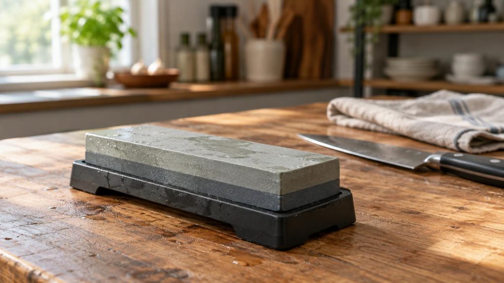A photograph of a single dual-grit sharpening stone set resting on a well-used wooden workbench in a calm, naturally lit kitchen. The rectangular stone sits in a simple, low-profile holder, its two subtly contrasting abrasive surfaces clearly visible, with a few faint water droplets and traces of use lending it a realistic, practical feel. A folded linen cloth and an unbranded kitchen knife lie nearby, softly out of focus, suggesting the stone’s everyday purpose without appea