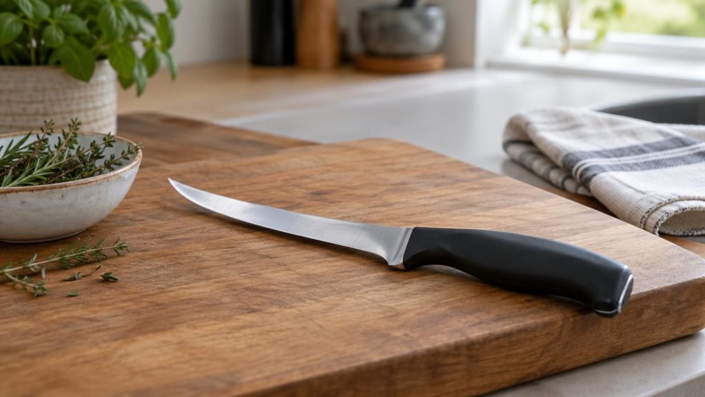 A photograph of a thick, curved, flexible 13 cm boning knife resting diagonally on a clean wooden cutting board in a calm, modern home kitchen. The knife is the clear hero: its short, gently curved stainless-steel blade catches a soft natural highlight, while the dark, ergonomic handle sits securely near the board’s edge. A folded kitchen towel and a small dish of herbs sit nearby, suggesting everyday food preparation without showing anyone in action. The scene is horizontall