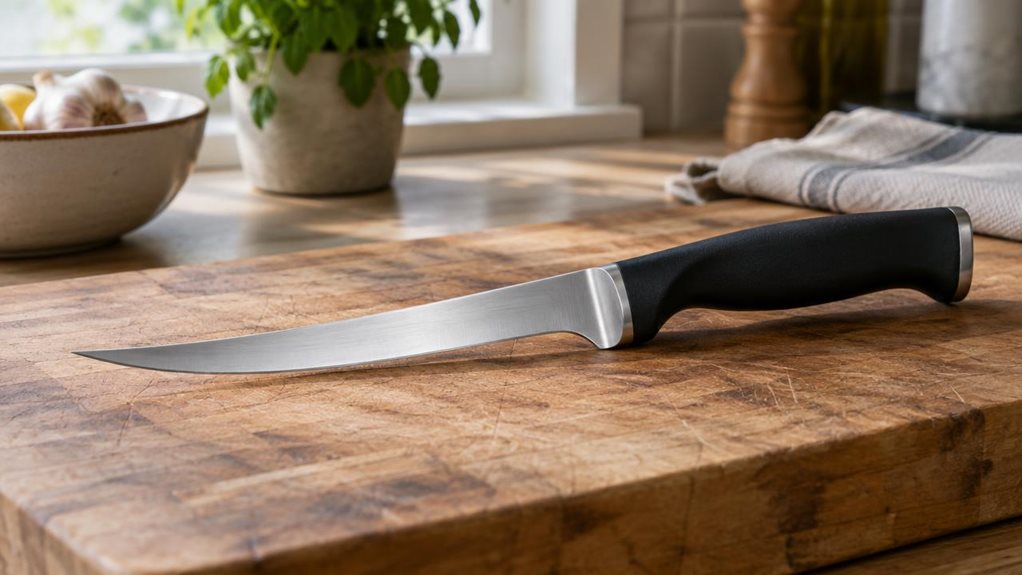 A photograph of a thick, curved, flexible boning knife with a 13 cm blade resting on a wooden butcher's block in a home kitchen. The stainless steel blade shows a subtle curve along its edge, catching soft daylight streaming in from a nearby window, highlighting the fine brushed texture of the metal. The handle, dark and ergonomically contoured, lies angled across a worn wooden cutting board, surrounded by faint knife marks that speak of regular use. In the softly blurred bac