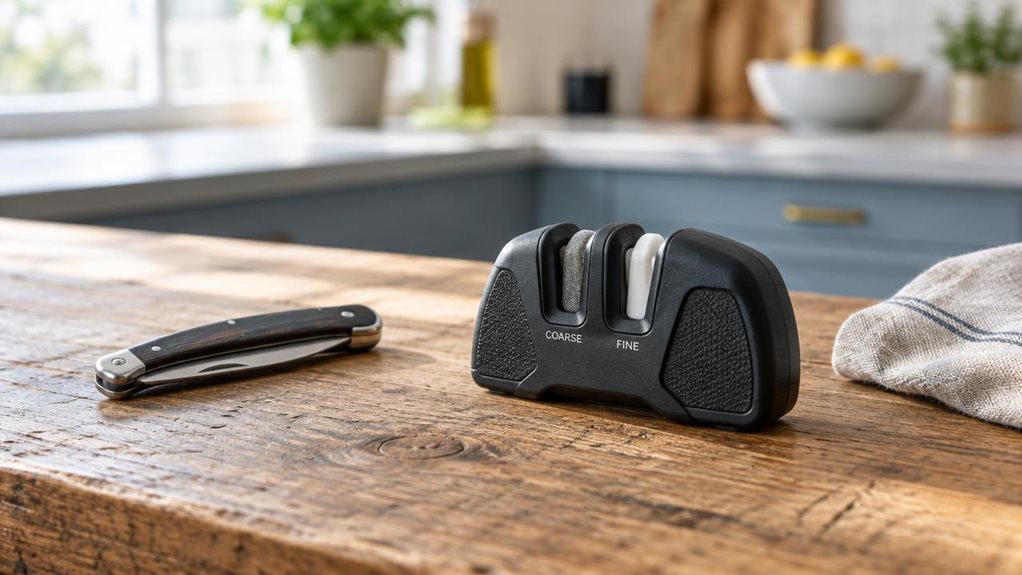 A photograph of a compact, two-stage pocket knife sharpener resting on a weathered wooden workbench in a bright, uncluttered kitchen. The single sharpener is the clear hero, its sturdy molded body and two distinct sharpening surfaces rendered with realistic texture and fine detail. A folded pocketknife and a simple linen cloth sit nearby as quiet contextual props, suggesting everyday use without showing anyone sharpening a blade. The scene feels casually observed, with the ob