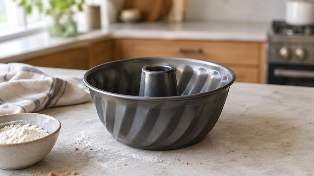 A photograph of a single Kugelhopf baking tin resting on a pale stone kitchen counter, composed as a horizontal 16:9 landscape scene. The tin is the clear hero: a realistic, dark gray metal mold with a tall central tube, softly fluted sides, and a subtle satin finish that catches the window light. Nearby, a folded linen tea towel and a small bowl of flour suggest an everyday home-baking setting without making the scene feel staged. A few crumbs and faint flour traces on the c