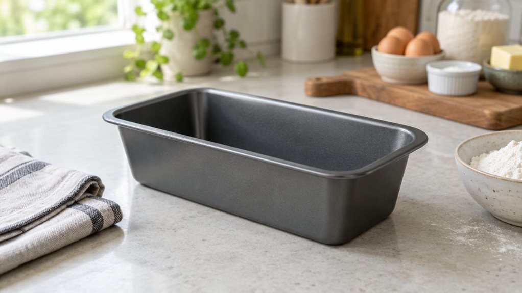A photograph of a single dark gray nonstick loaf tin resting on a pale stone kitchen counter, its clean rectangular shape and gently flared sides clearly visible. A folded linen tea towel and a small bowl of flour sit nearby, with a wooden cutting board and a few baking ingredients softly out of focus in the background. The tin is empty and undisturbed, presented naturally in a bright, lived-in home kitchen rather than as a staged catalog shot. Soft window light falls across