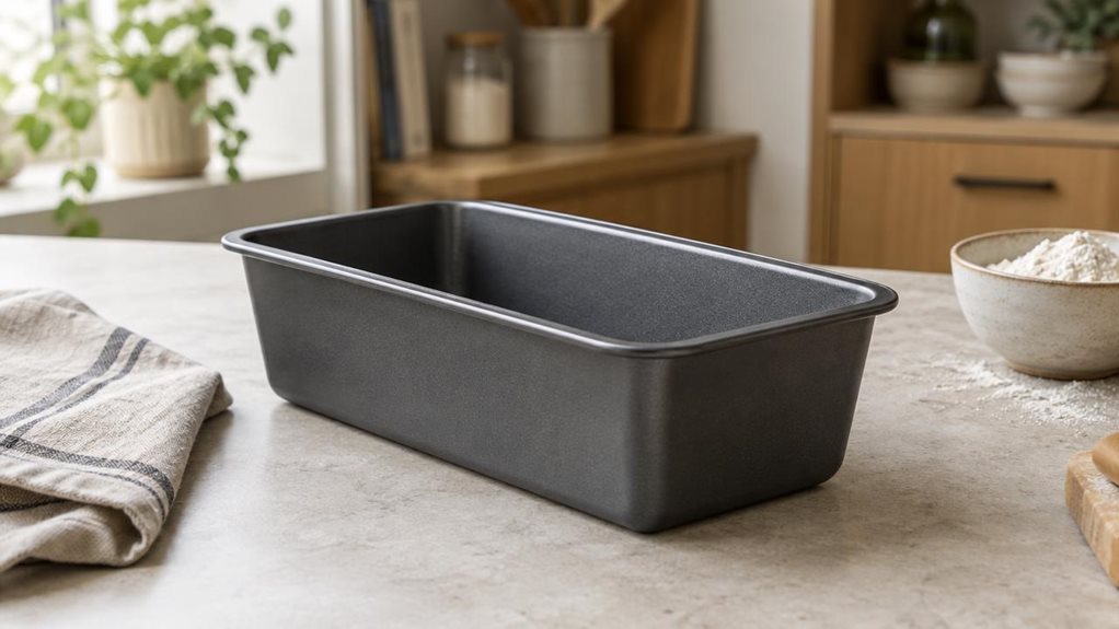 A photograph of a single dark gray nonstick loaf tin resting on a pale stone kitchen counter, composed as a horizontal 16:9 landscape scene. The tin is the clear hero, viewed at a gentle three-quarter angle that reveals its straight sides, softly rounded corners, and subtle textured finish. Nearby, a folded linen tea towel and a small bowl of flour suggest a well-used home baking space without distracting from the product. The scene feels candid and observational, as though c