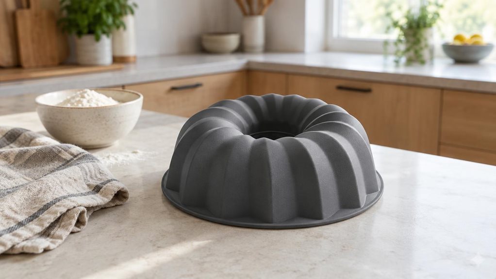 A photograph of a single 22 cm silicone Gugelhupf mould resting on a pale stone kitchen counter, its flexible fluted ring shape clearly visible and its muted charcoal-grey surface softly catching the light. The mould is the hero of a horizontally composed 16:9 landscape scene, set in a calm, modern home kitchen with a folded linen tea towel and a small bowl of flour nearby. The arrangement feels casually observed rather than staged, with no one present and nothing in motion.